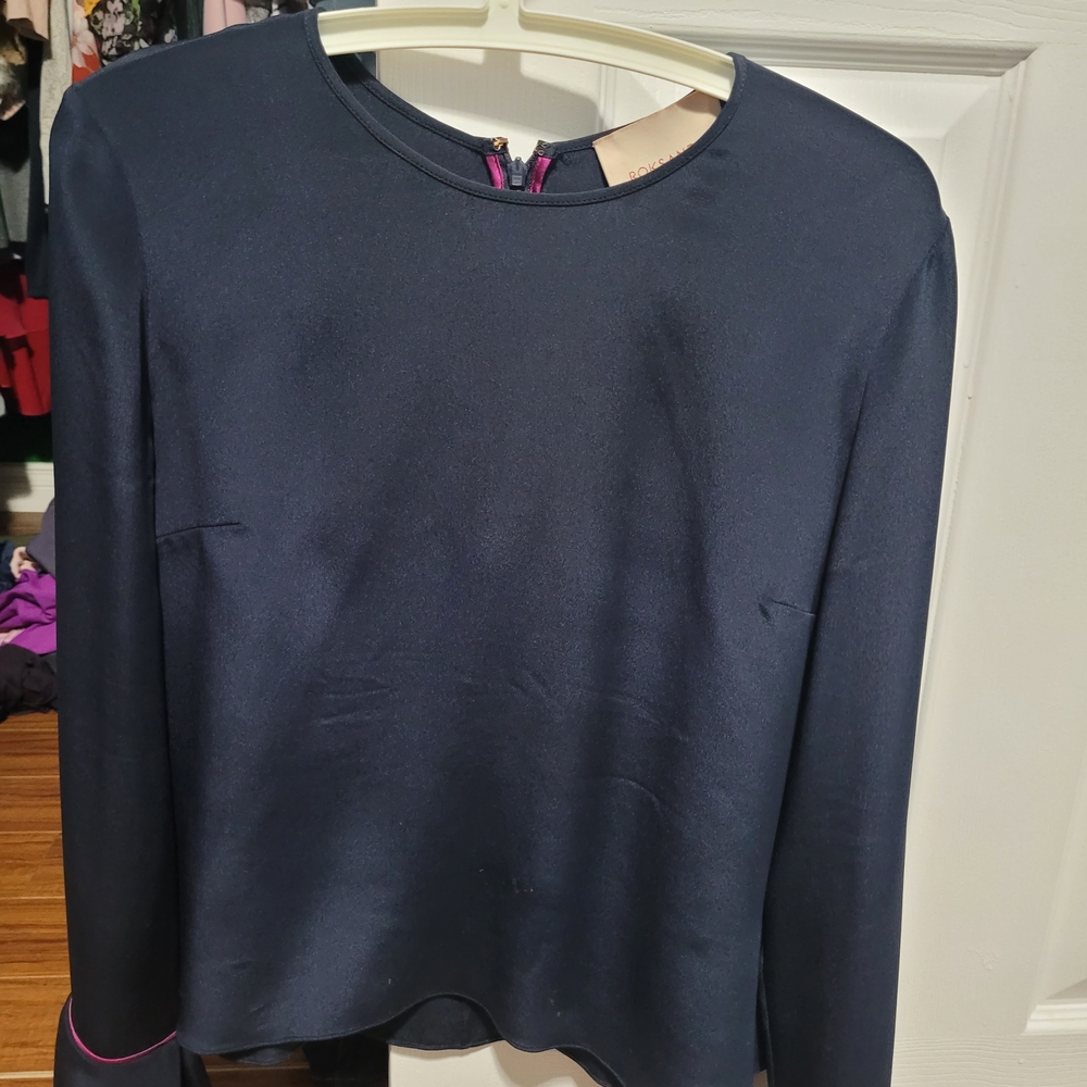 Roksanda Ilincic Navy Blue Long-Sleeve 100% Silk Blouse with Pink Trim